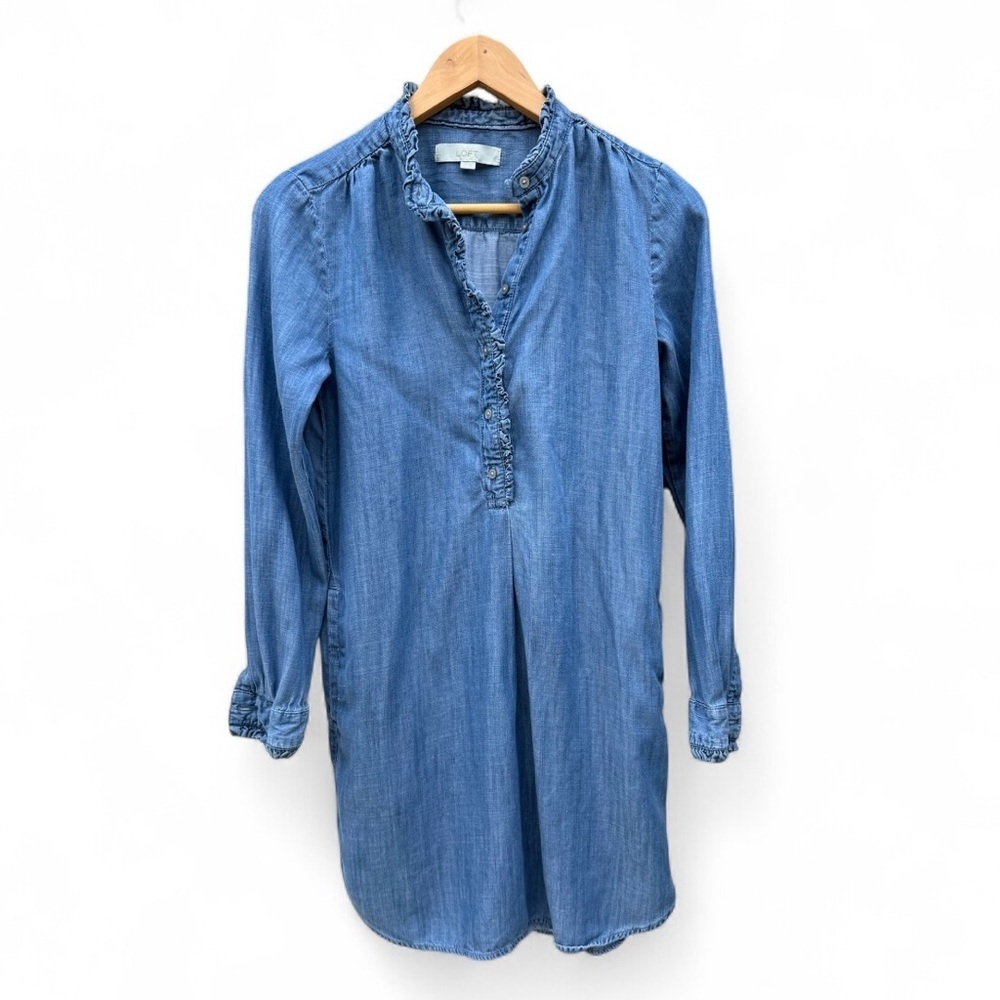 Ann Taylor Loft Chambray Shirt Dress with Ruffle Detail